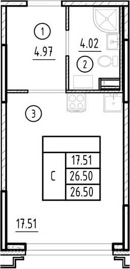 Планировка — Ассамблея, Студия, 27 м²