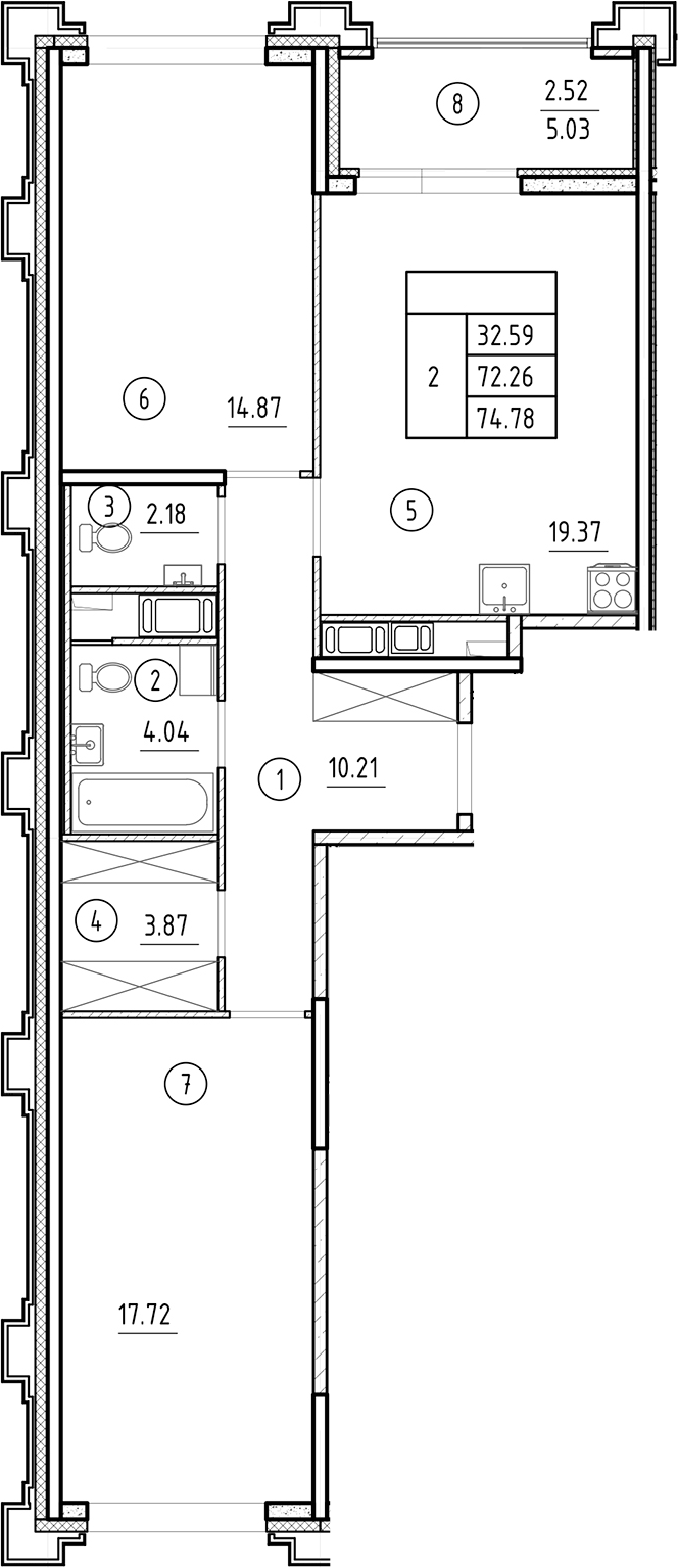 Планировка — Ассамблея, 3-комн., 72 м²
