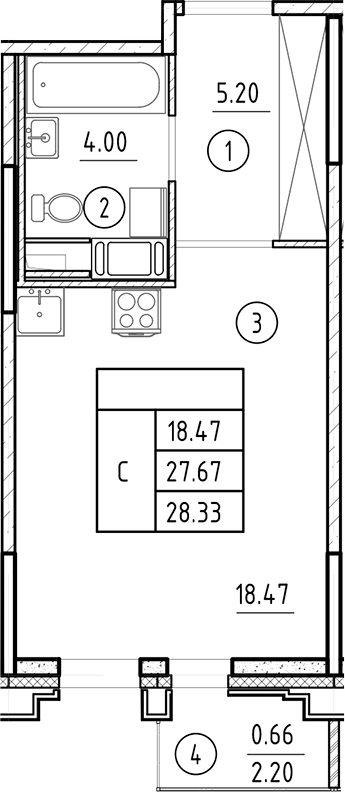Планировка — Ассамблея, Студия, 28 м²