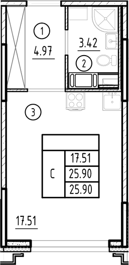 Планировка — Ассамблея, Студия, 26 м²
