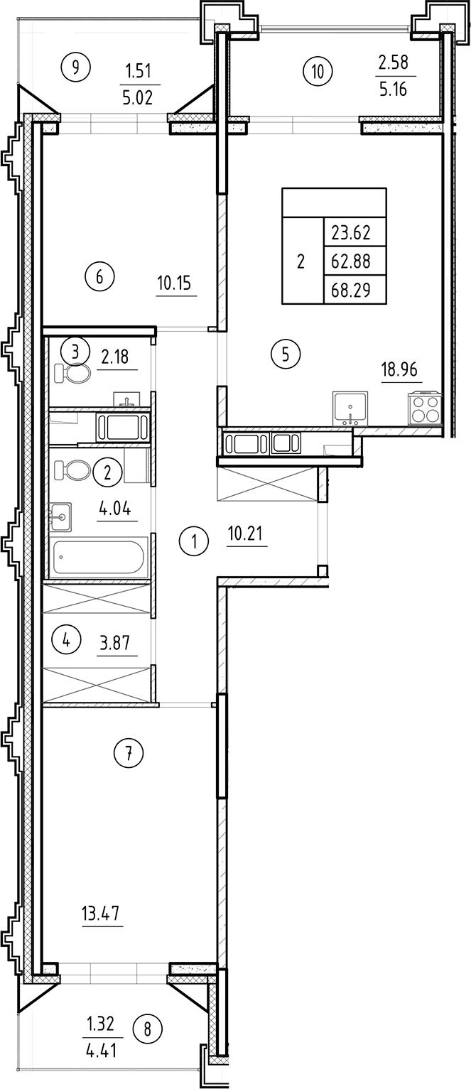 Планировка — Ассамблея, 3-комн., 63 м²