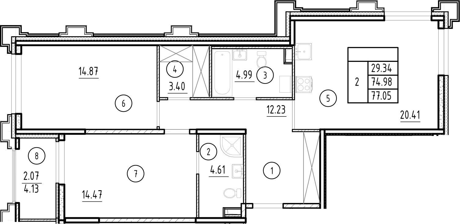 Планировка — Ассамблея, 3-комн., 75 м²