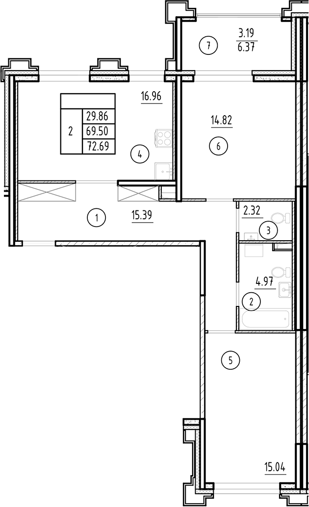 Планировка — Ассамблея, 3-комн., 70 м²