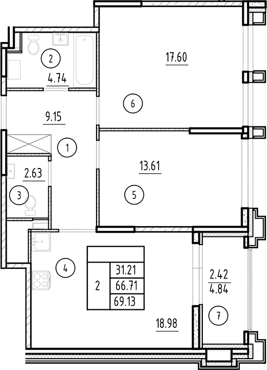 Планировка — Ассамблея, 3-комн., 67 м²