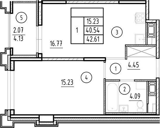 Планировка — Ассамблея, 2-комн., 41 м²