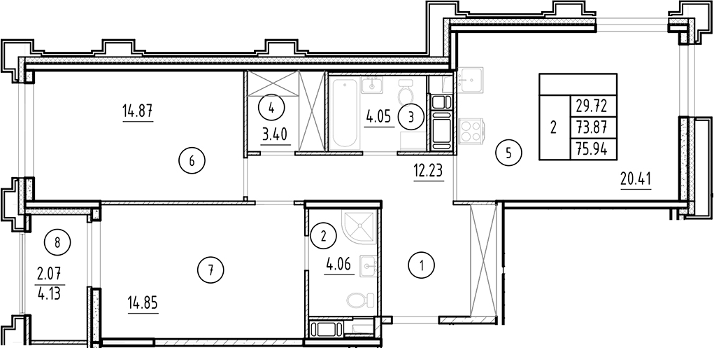 Планировка — Ассамблея, 3-комн., 74 м²