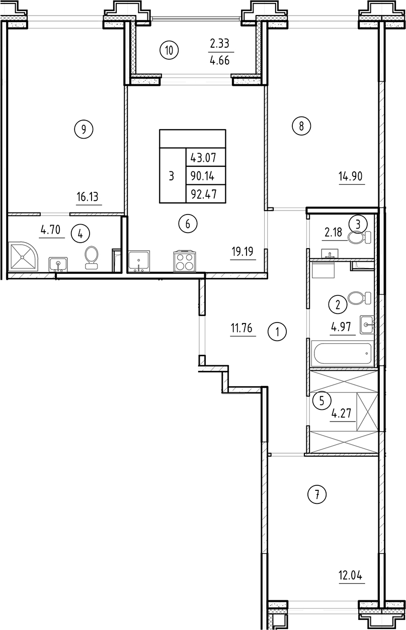 Планировка — Ассамблея, 4-комн., 90 м²