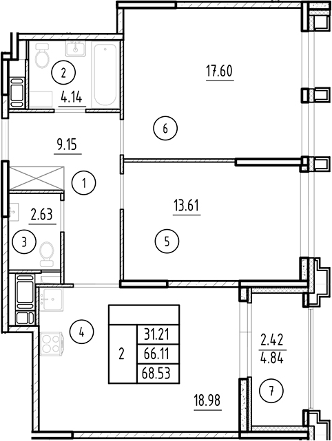 Планировка — Ассамблея, 3-комн., 66 м²
