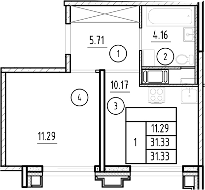 Планировка — Ассамблея, 1-комн., 31 м²