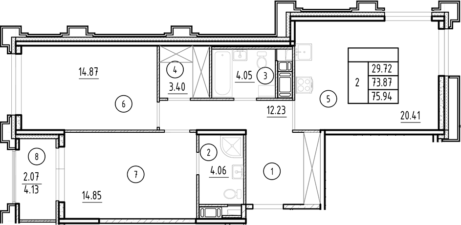 Планировка — Ассамблея, 3-комн., 74 м²