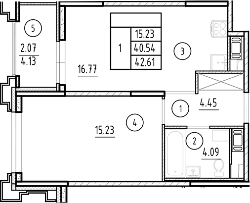 Планировка — Ассамблея, 2-комн., 41 м²