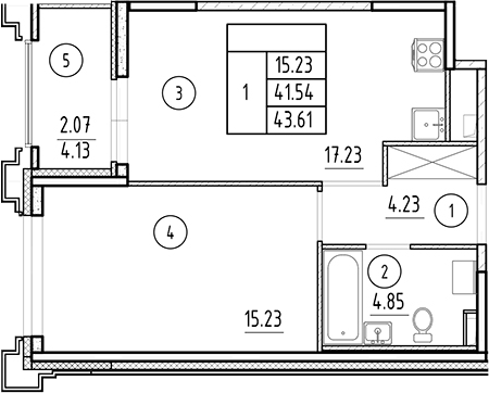 Планировка — Ассамблея, 2-комн., 42 м²