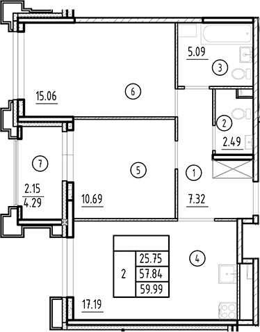 Планировка — Ассамблея, 3-комн., 58 м²