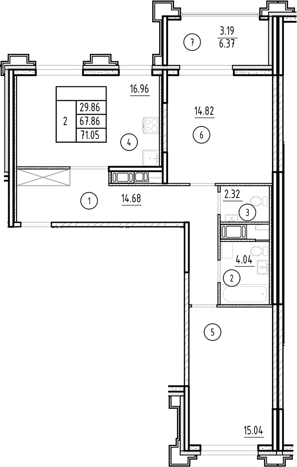 Планировка — Ассамблея, 3-комн., 68 м²