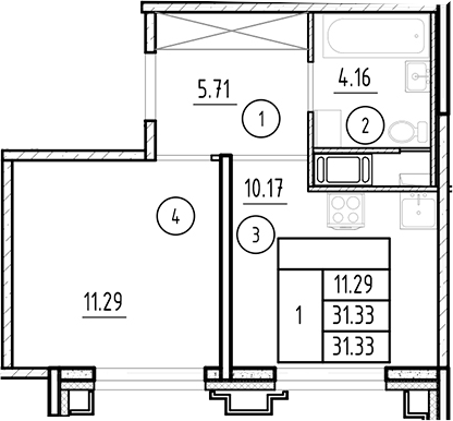 Планировка — Ассамблея, 1-комн., 31 м²