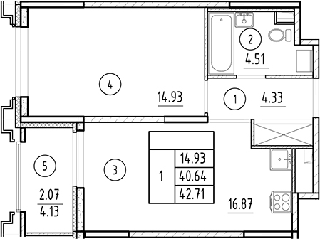 Планировка — Ассамблея, 2-комн., 41 м²