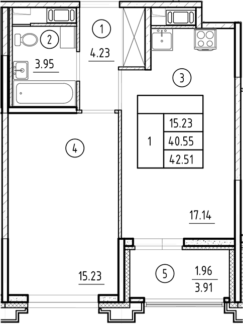 Планировка — Ассамблея, 2-комн., 41 м²