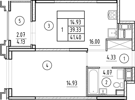 Планировка — Ассамблея, 2-комн., 39 м²