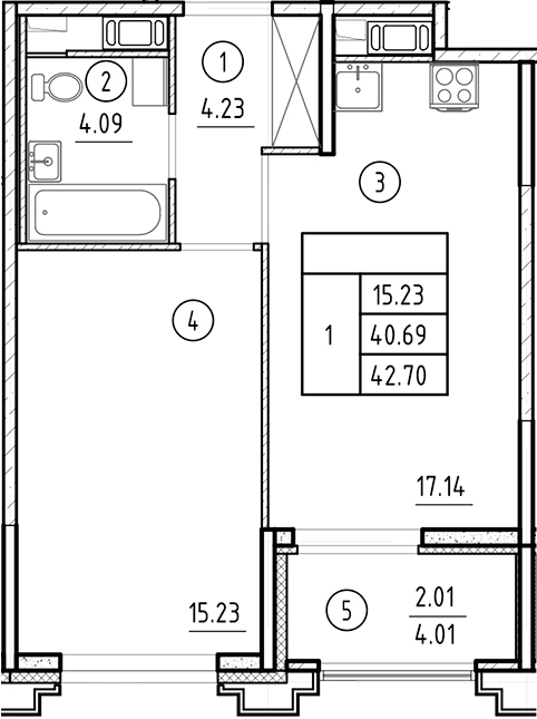 Планировка — Ассамблея, 2-комн., 41 м²