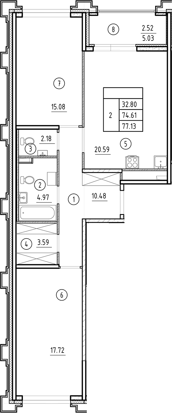 Планировка — Ассамблея, 3-комн., 75 м²