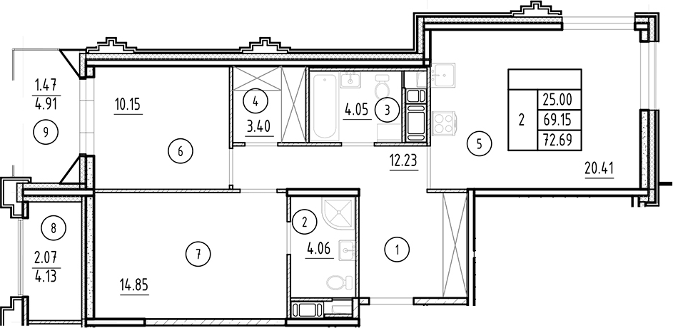 Планировка — Ассамблея, 3-комн., 69 м²