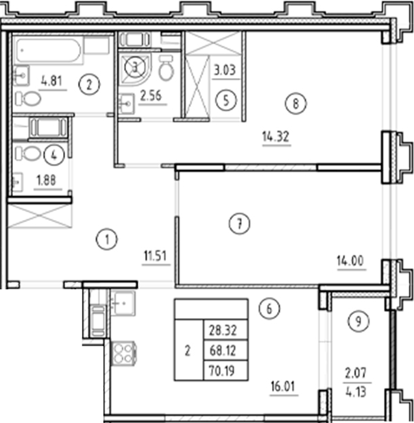 Планировка — Ассамблея, 3-комн., 68 м²