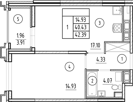 Планировка — Ассамблея, 2-комн., 40 м²