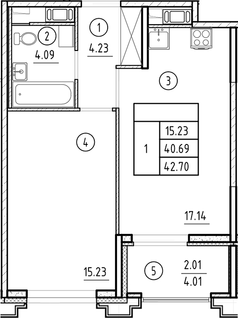 Планировка — Ассамблея, 2-комн., 41 м²