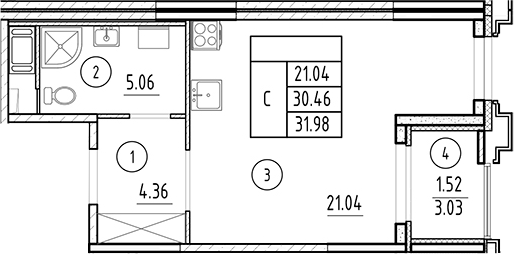 Планировка — Ассамблея, Студия, 30 м²