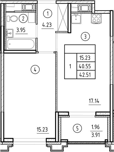 Планировка — Ассамблея, 2-комн., 41 м²