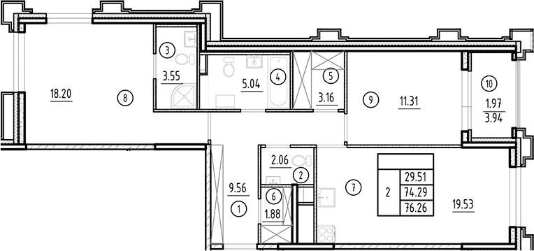 Планировка — Ассамблея, 3-комн., 74 м²