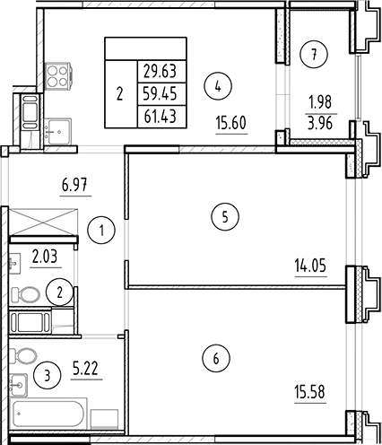 Планировка — Ассамблея, 3-комн., 59 м²