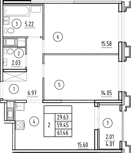 Планировка — Ассамблея, 3-комн., 59 м²