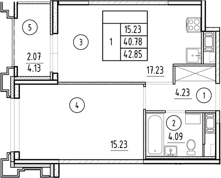 Планировка — Ассамблея, 2-комн., 41 м²