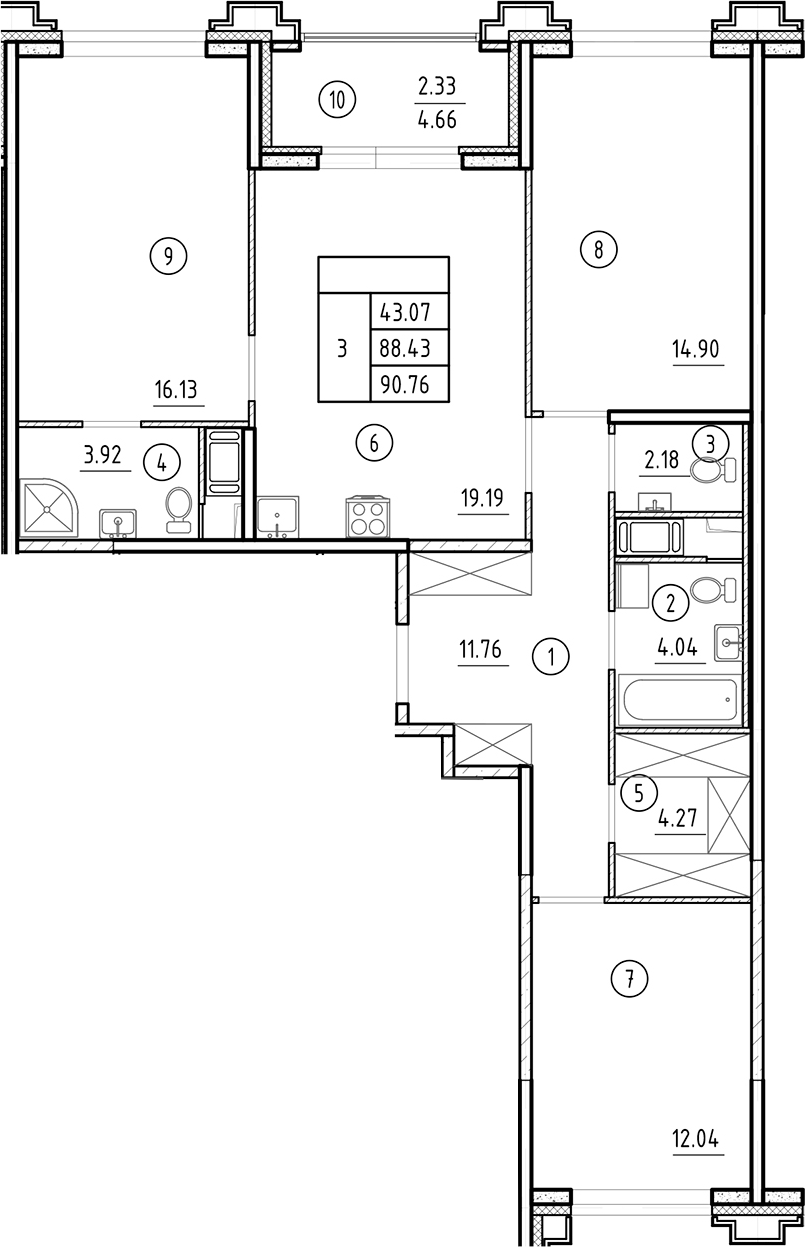 Планировка — Ассамблея, 4-комн., 88 м²