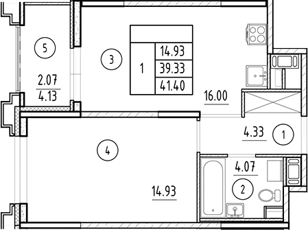Планировка — Ассамблея, 2-комн., 39 м²