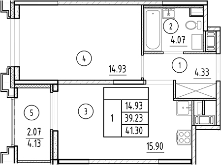 Планировка — Ассамблея, 2-комн., 39 м²