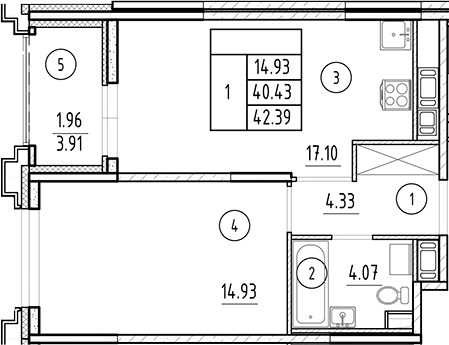 Планировка — Ассамблея, 2-комн., 40 м²