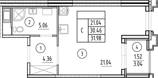 Планировка — Ассамблея, Студия, 30 м²