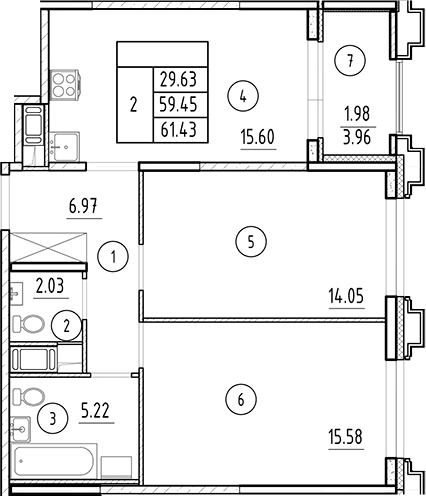 Планировка — Ассамблея, 3-комн., 59 м²