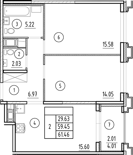 Планировка — Ассамблея, 3-комн., 59 м²
