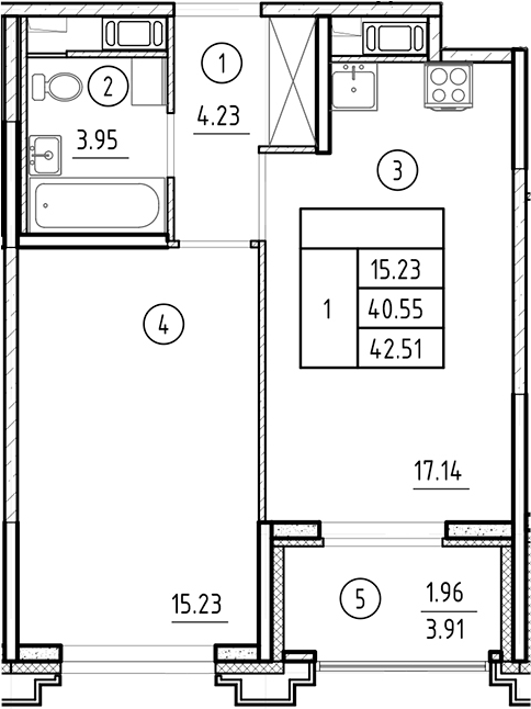 Планировка — Ассамблея, 2-комн., 41 м²