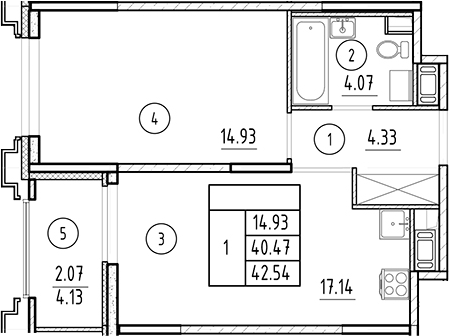 Планировка — Ассамблея, 2-комн., 40 м²