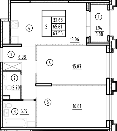 Планировка — Ассамблея, 3-комн., 66 м²