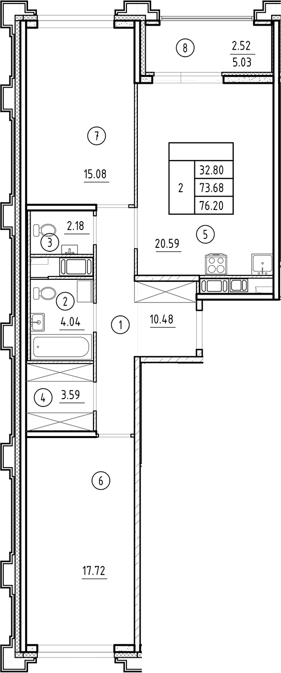 Планировка — Ассамблея, 3-комн., 74 м²