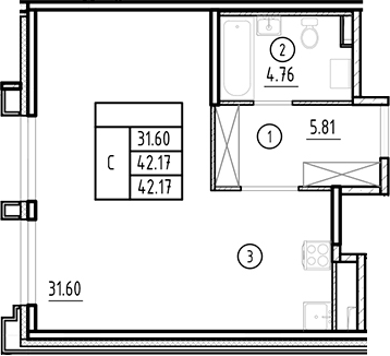Планировка — Ассамблея, Студия, 42 м²