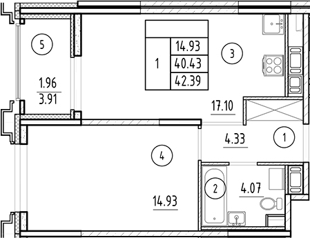 Планировка — Ассамблея, 2-комн., 40 м²