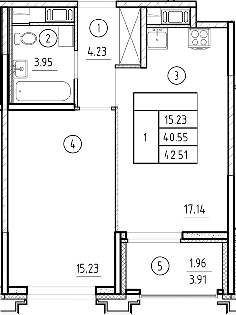 Планировка — Ассамблея, 2-комн., 41 м²
