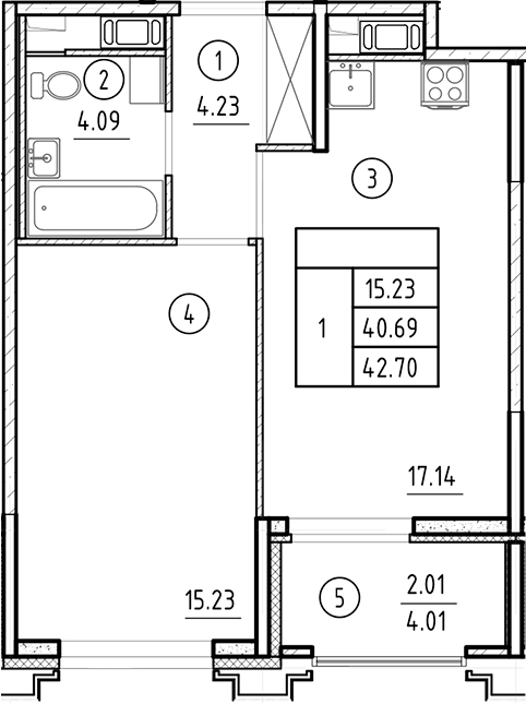 Планировка — Ассамблея, 2-комн., 41 м²