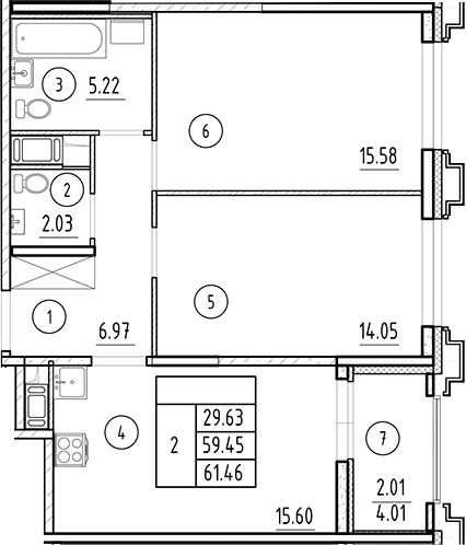 Планировка — Ассамблея, 3-комн., 59 м²